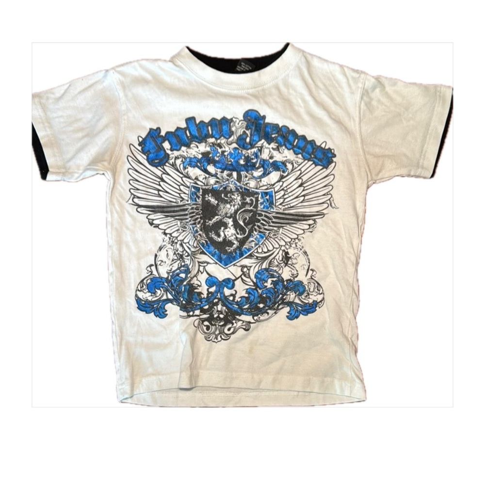 FUBU White and Blue Short Sleeve Tee Graphic Design